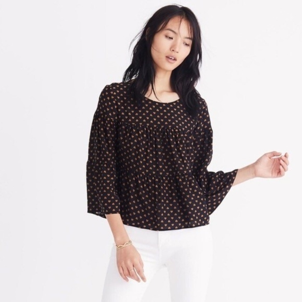 MADEWELL Silk Black Gold Heart Flip Button‎ Back Tiered Top Blouse X-Small